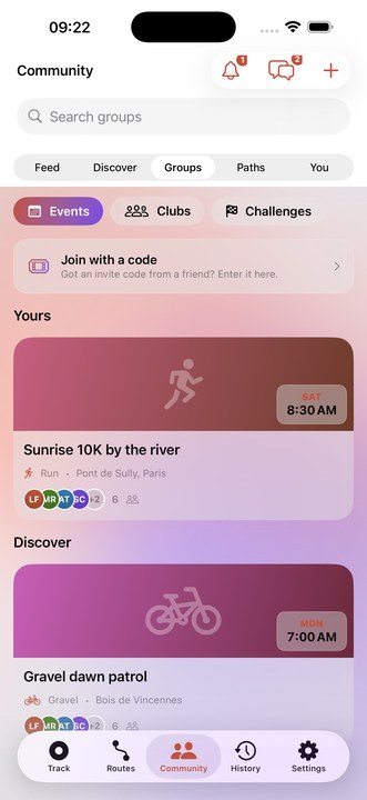 The Waypath community screen, showing tabs for Events, Clubs and Challenges above upcoming group activities.