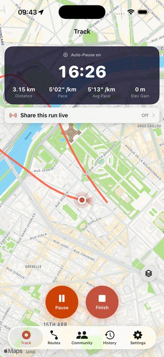 The Waypath tracking screen during a run, showing elapsed time, distance and pace over a map, with a “Share this run live” control.